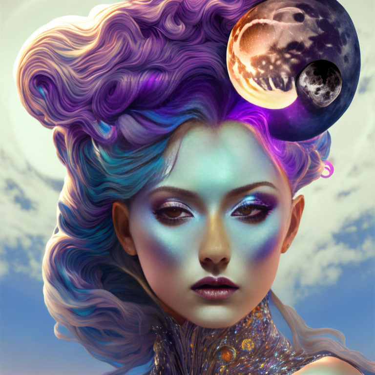 Cosmic-themed digital portrait of a woman with swirling purple and blue hair.