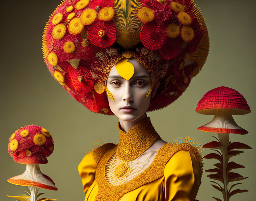 Woman with Red and Yellow Flower Headdress and Mushroom Props in Elegant Attire