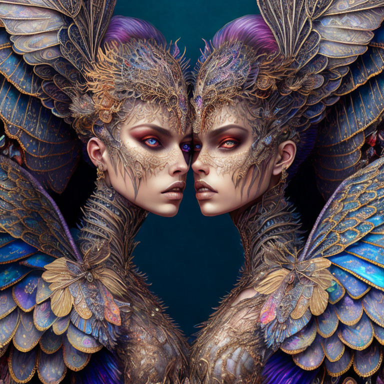 Twin fantastical creatures with blue feathers and golden headpieces