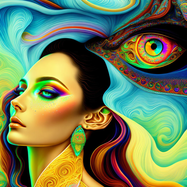 Colorful digital artwork: Woman with multicolored hair and skin, intricate patterns, and striking eye