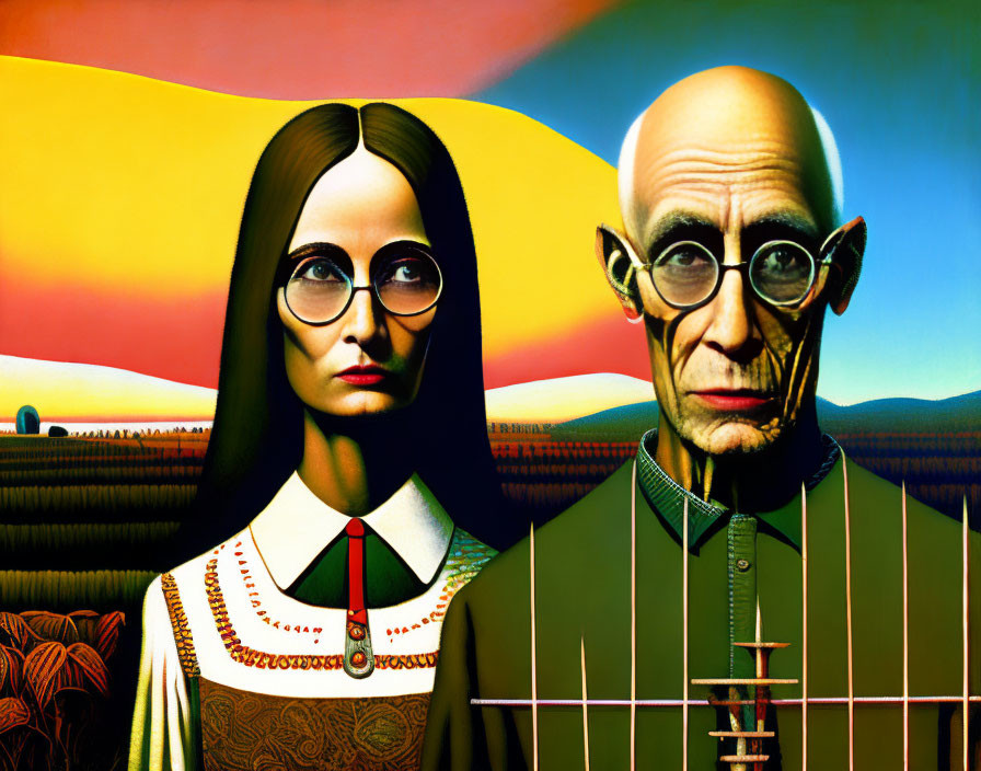 Stylized surreal portrait of man and woman against colorful landscape