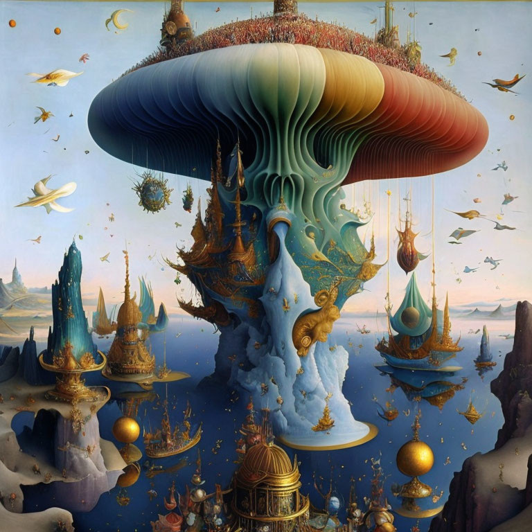 Fantastical landscape painting with giant mushroom structure, ornate buildings, floating islands, and birds in