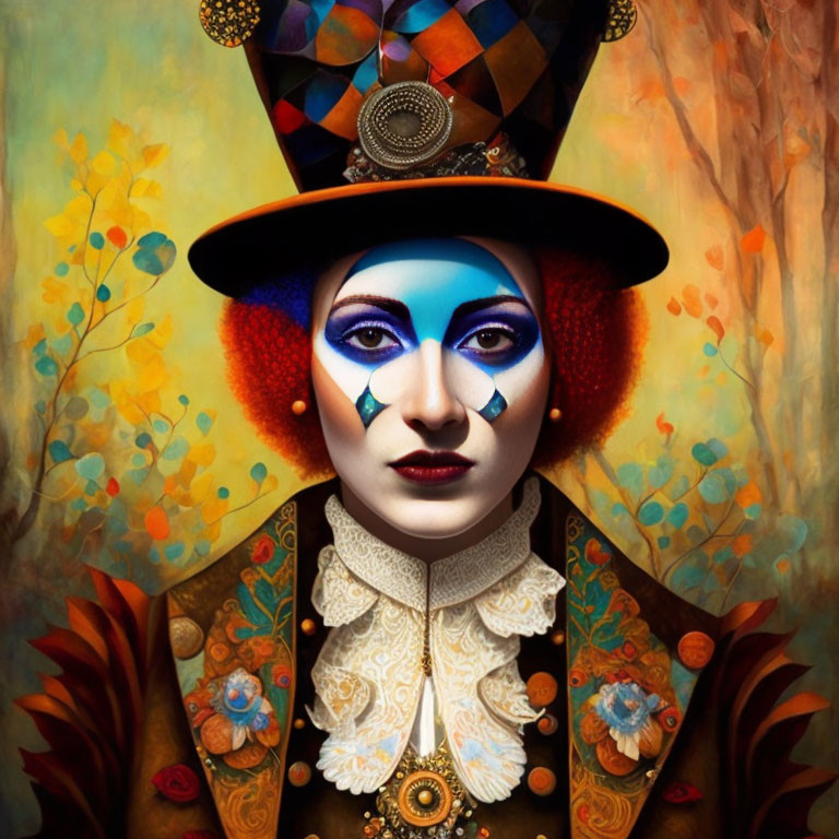 Colorful Portrait of Person in Theatrical Makeup & Costume Against Autumn Backdrop