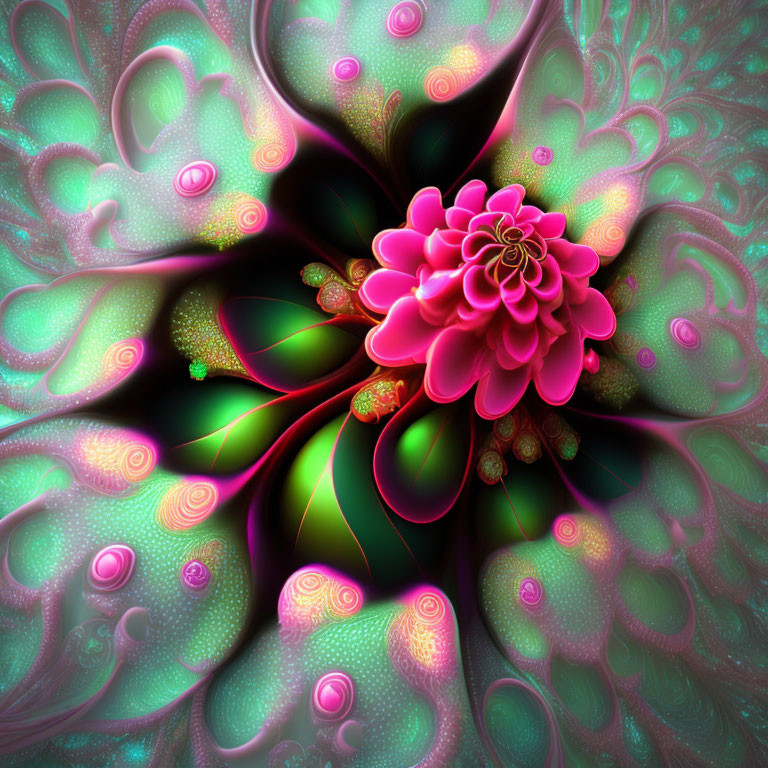 Colorful digital artwork: Pink flower, glowing orbs, fractal background