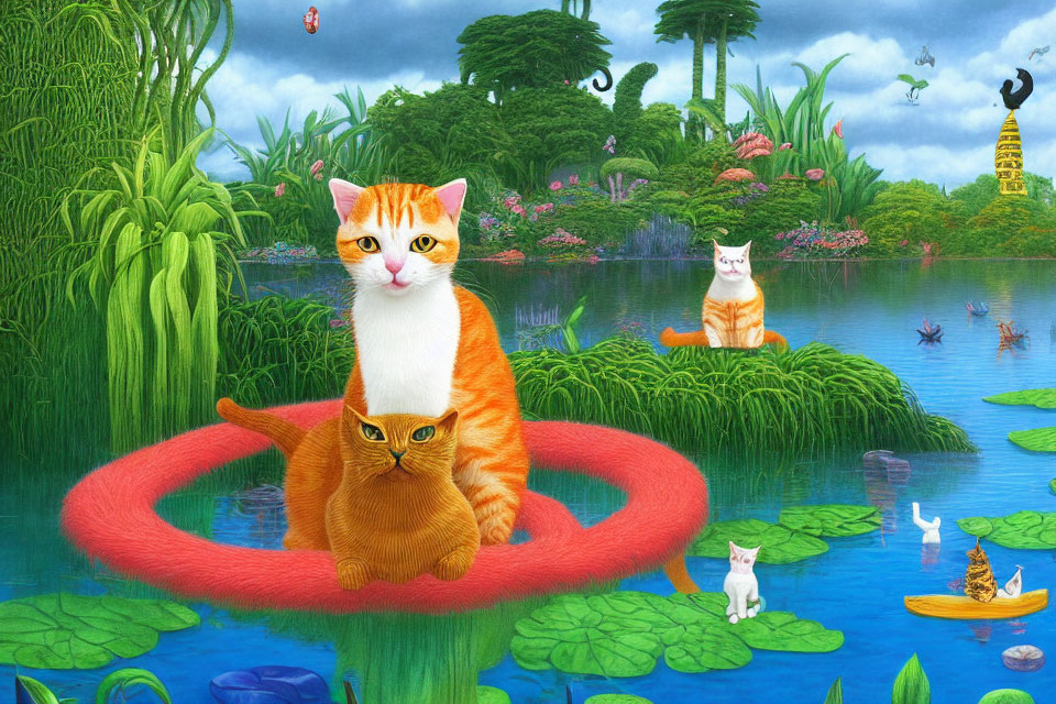 Colorful surreal landscape with cats of different sizes and water lilies.