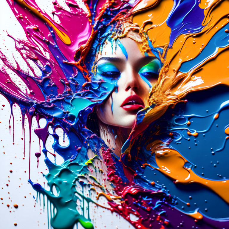 Colorful Woman Covered in Vibrant Paint Splashes