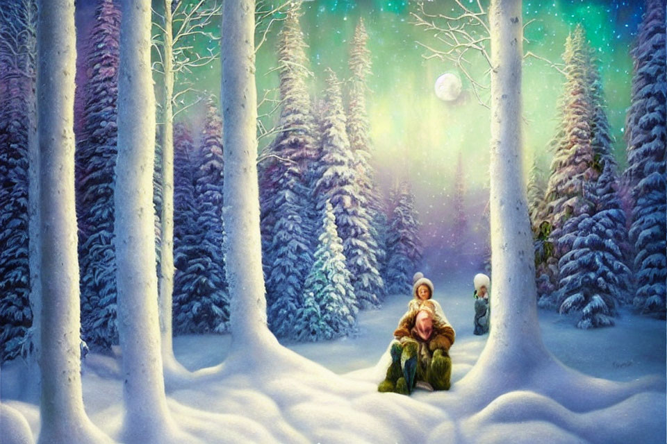 Children sitting in snowy forest under starry sky with full moon