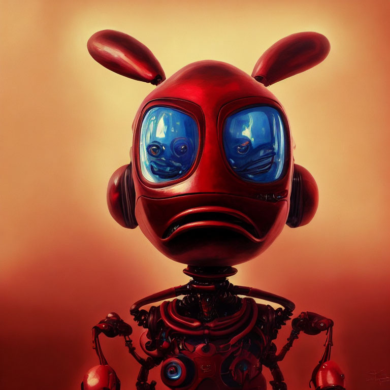 Red Robot with Expressive Eyes and Rabbit-like Ears on Warm Background