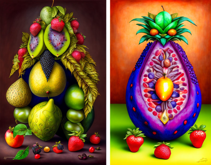 Colorful artwork of fruit-themed human figures in two compositions