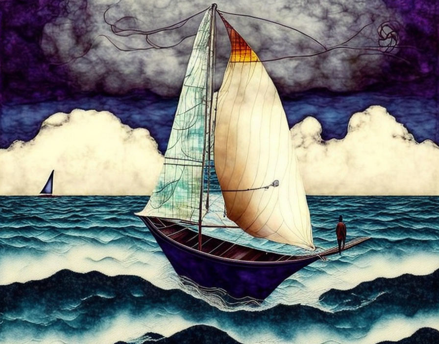 Vibrant sailboat illustration on wavy seas with person and purple sky