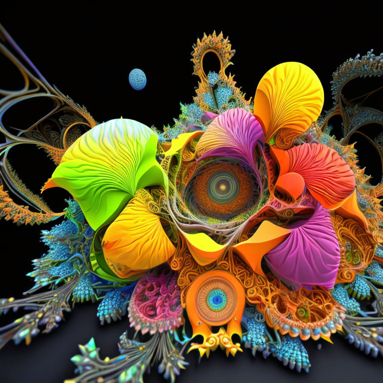 Colorful Abstract Floral Fractal Artwork on Dark Background