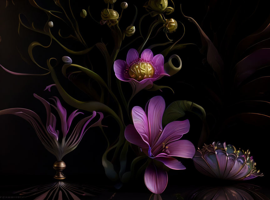 Stylized purple and gold flowers on dark background