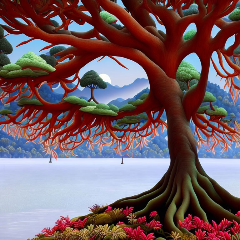 Surreal red tree digital artwork with blue lake & mountains