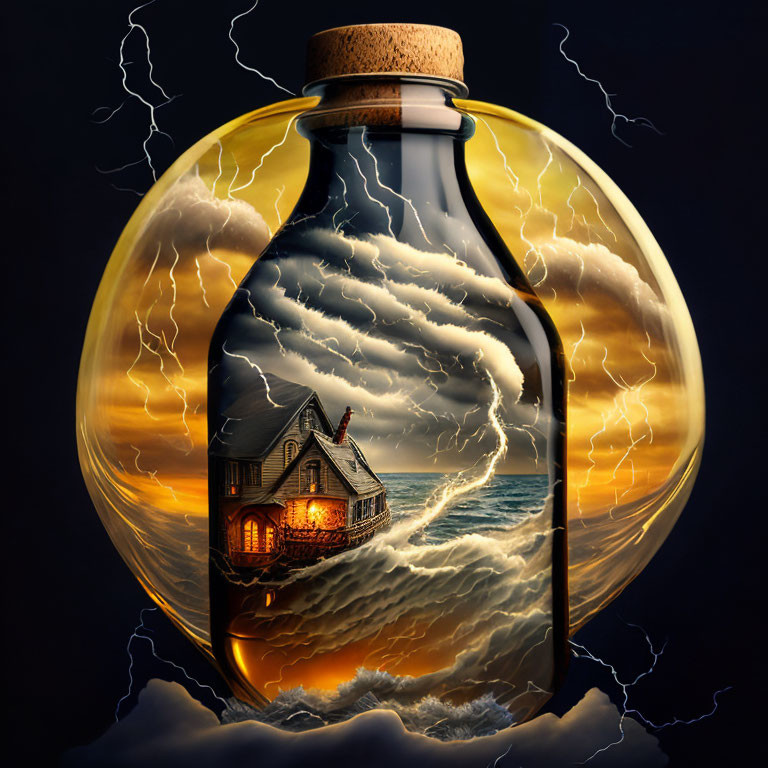 Surreal storm scene with house on sea waves in glass bottle