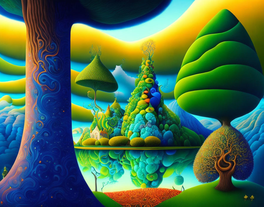 Surreal landscape with whimsical trees and colorful palette