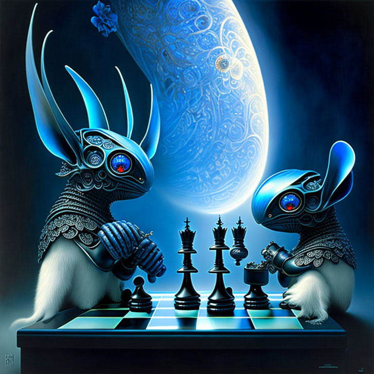 Robotic rabbits playing chess in mystical blue setting