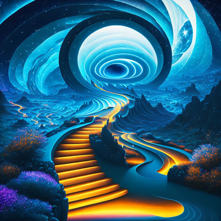 Vibrant digital artwork: surreal cosmic landscape with golden path, blue terrains, luminescent