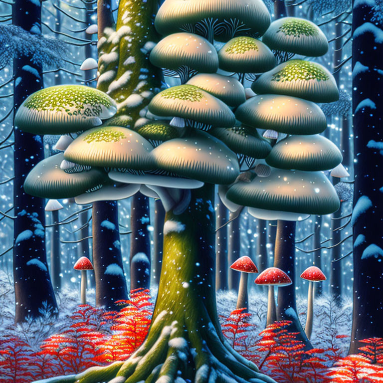 Fantasy illustration: Oversized mushrooms in snowy, enchanted forest