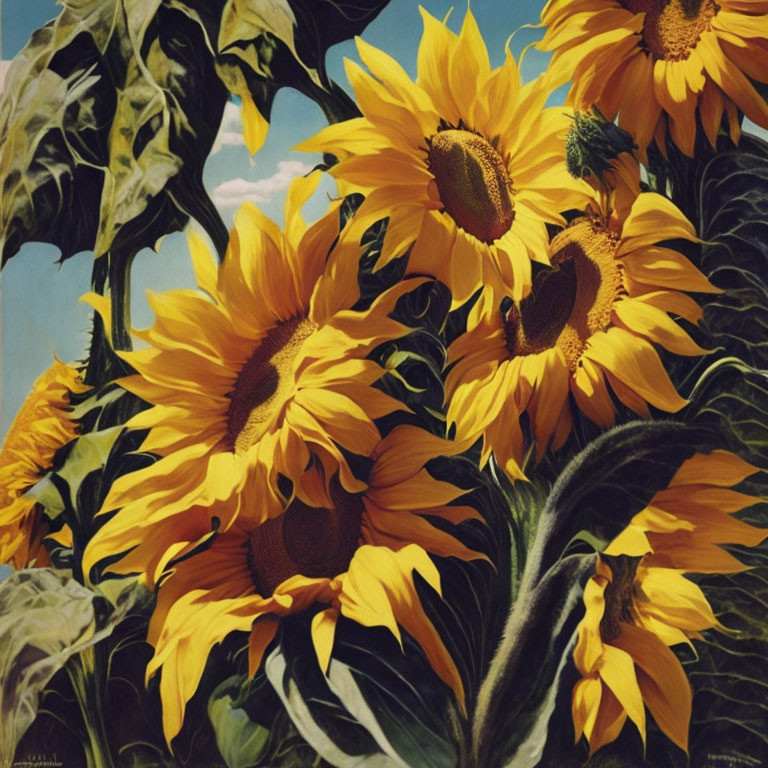 Vibrant sunflowers painting with green leaves on blue sky