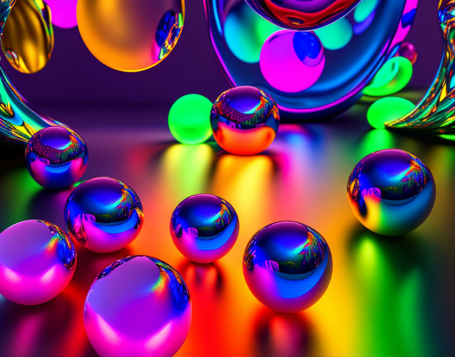 Reflective colorful spheres on glossy floor amid psychedelic backdrop