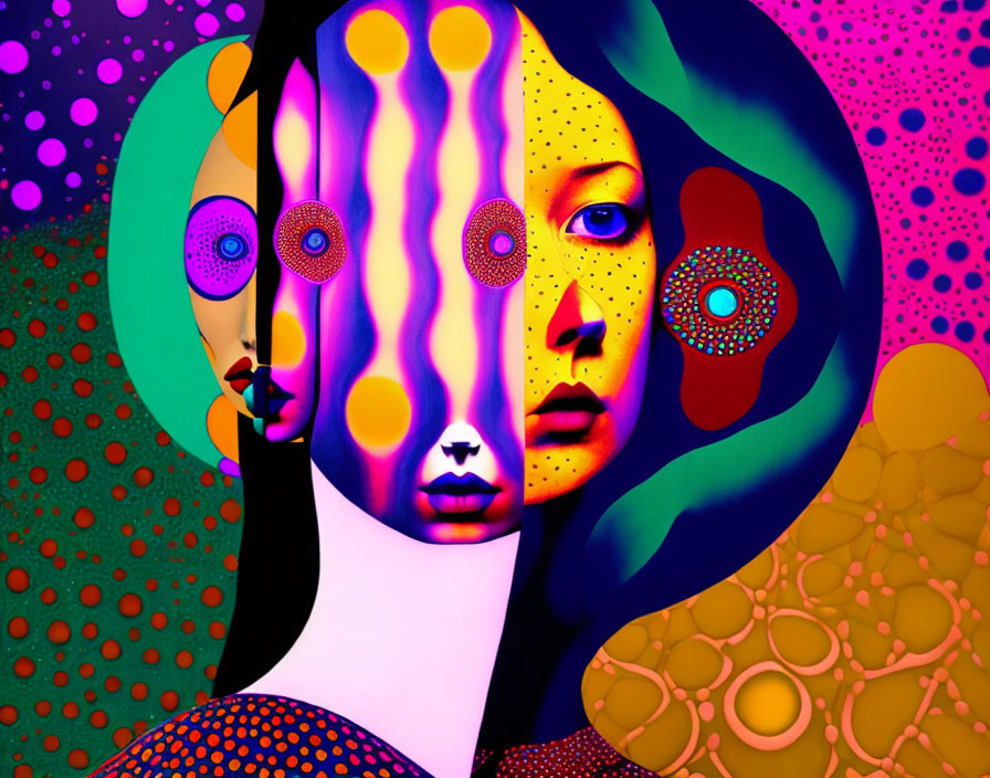 Colorful abstract digital artwork with vibrant patterns on female portrait