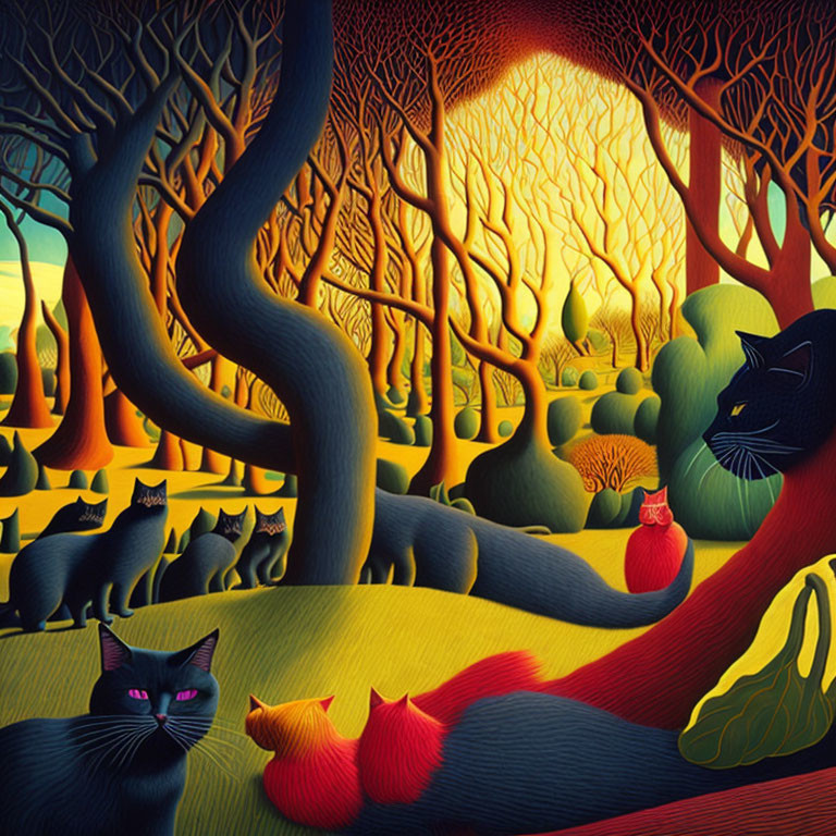 Colorful stylized painting: Black cats in vibrant forest with fiery sunset