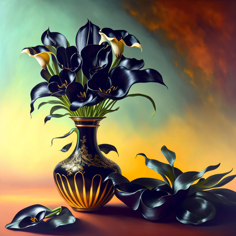 Dark Purple Calla Lilies in Ornate Vase on Warm Background