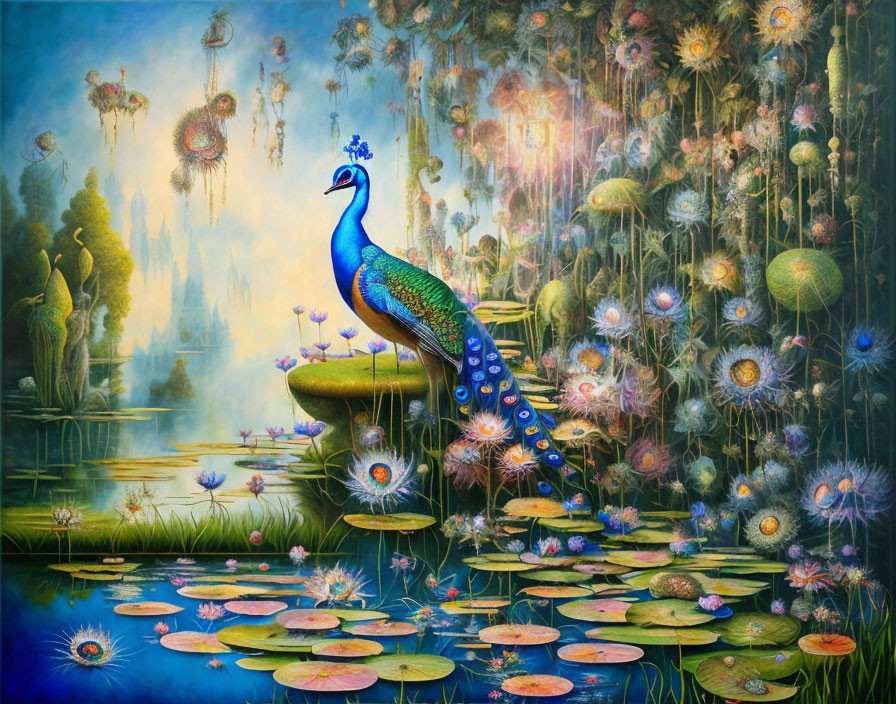 Colorful peacock on mossy rock by magical pond with lily pads and floating islands