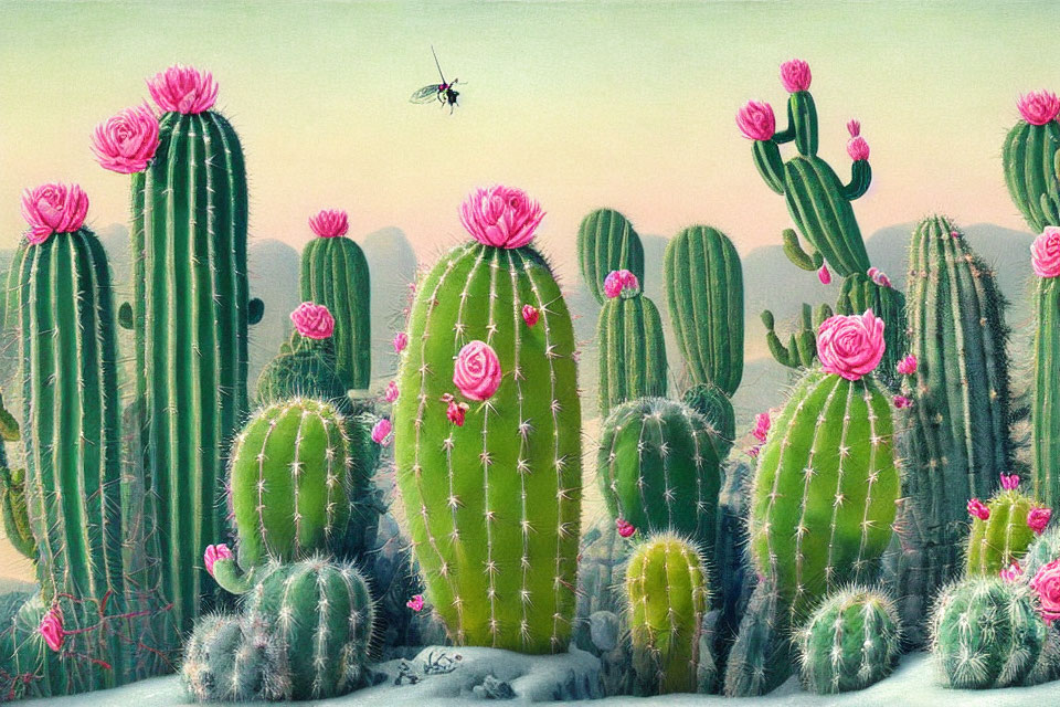 Colorful desert scene with green cacti and pink flowers under a hazy sky