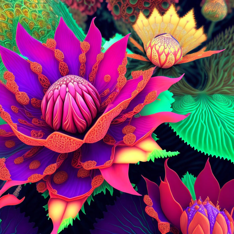 Vivid digitally created fantastical flowers with intricate patterns in vibrant colors