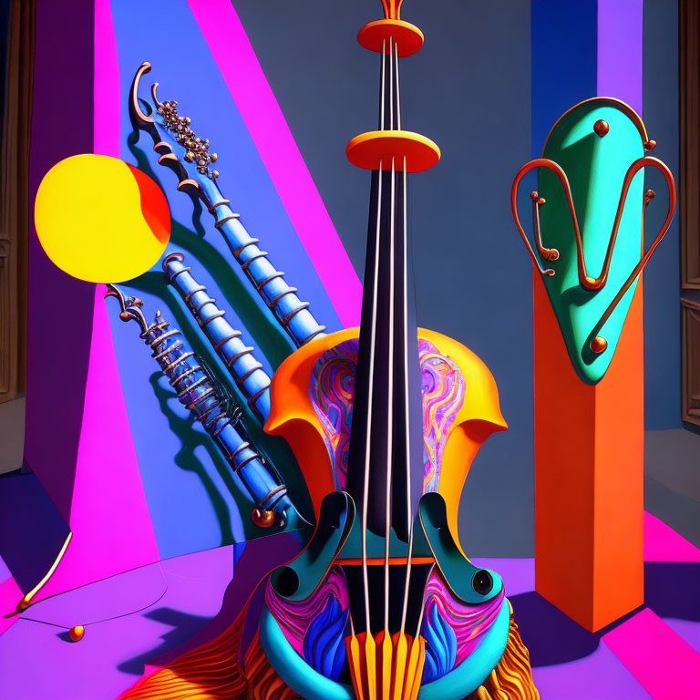 Colorful surreal digital artwork with abstract violin and geometric background