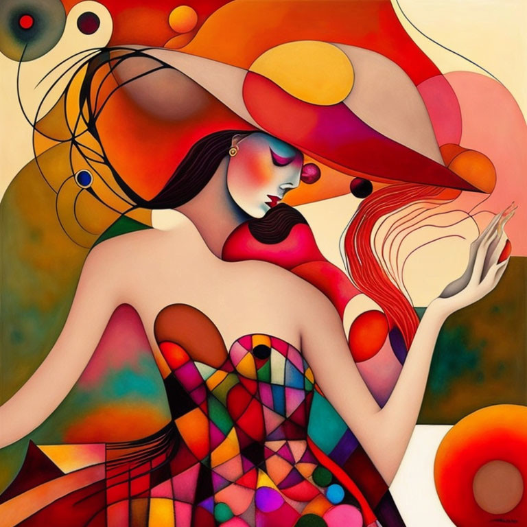 Colorful Abstract Painting of Woman with Flowing Hair and Large Hat