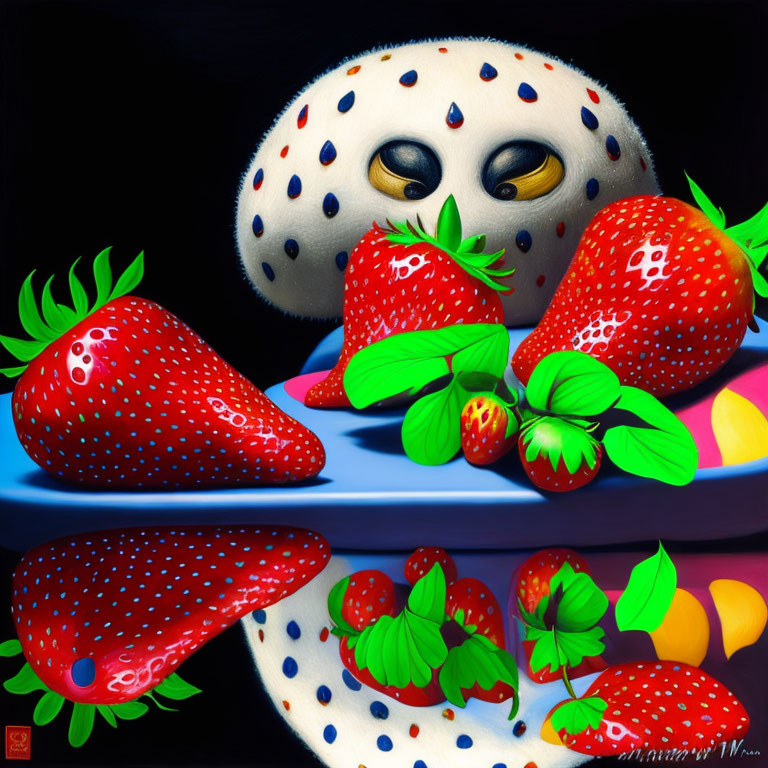 Hyper-realistic still life painting of vibrant strawberries on decorative plate