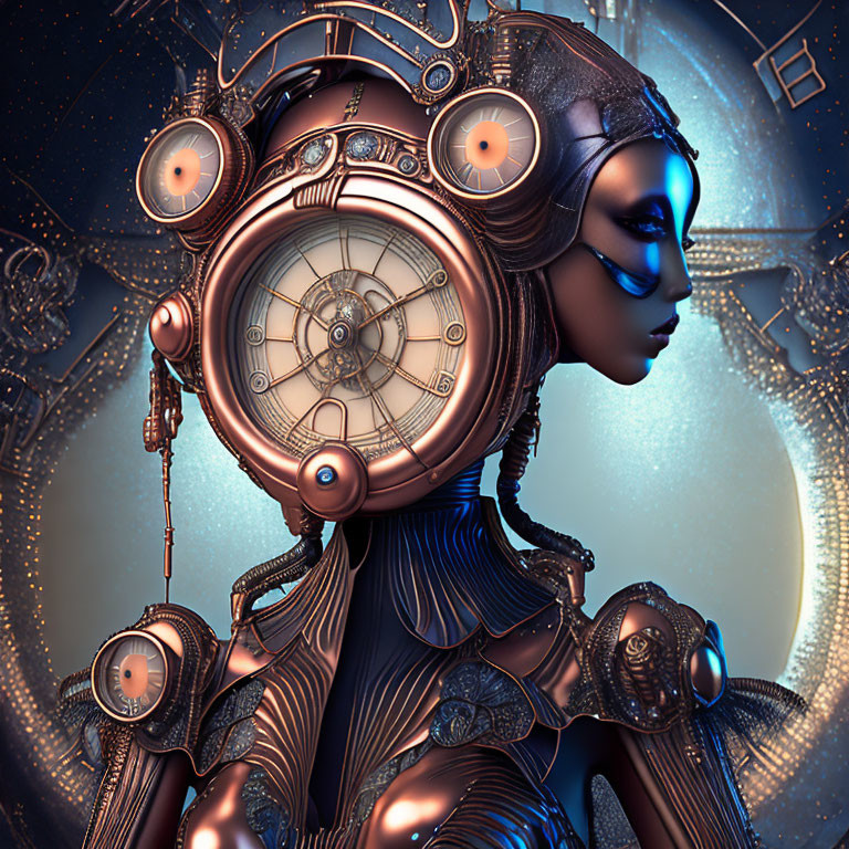 Steampunk-inspired robotic female figure with clockwork elements and cosmic backdrop.