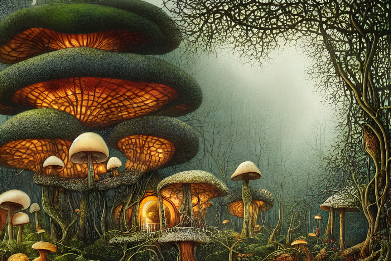 Enchanting forest with oversized luminescent mushrooms and whimsical treehouse