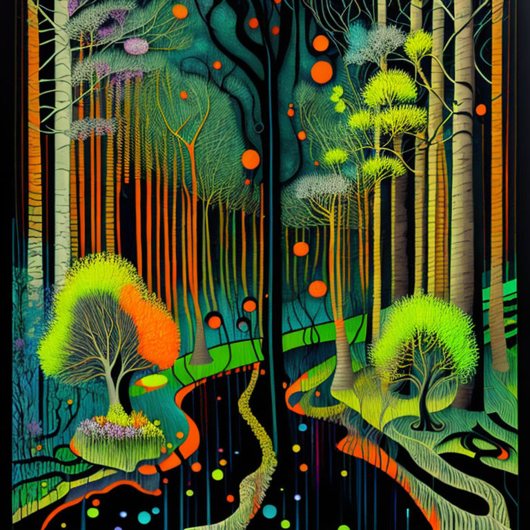 Colorful Stylized Forest with Glowing Orbs and Meandering Path