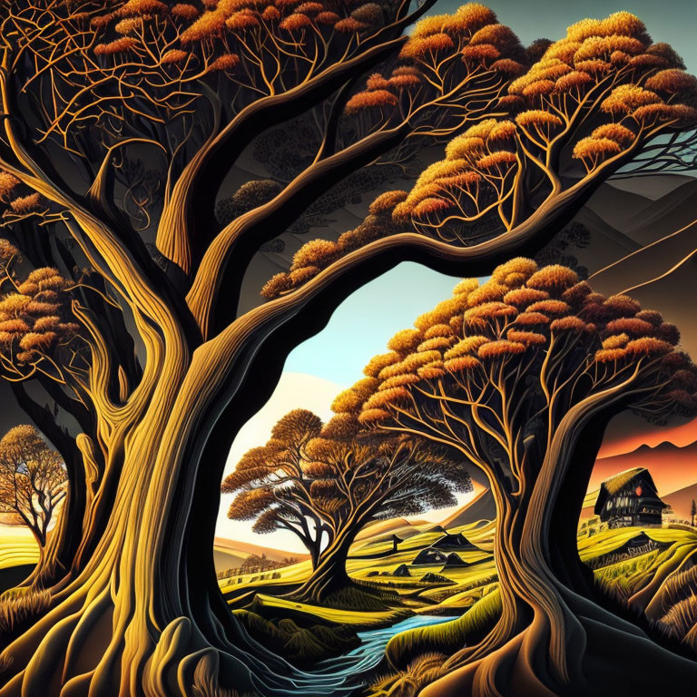 Detailed illustration of stylized trees, house, and hills under amber sky