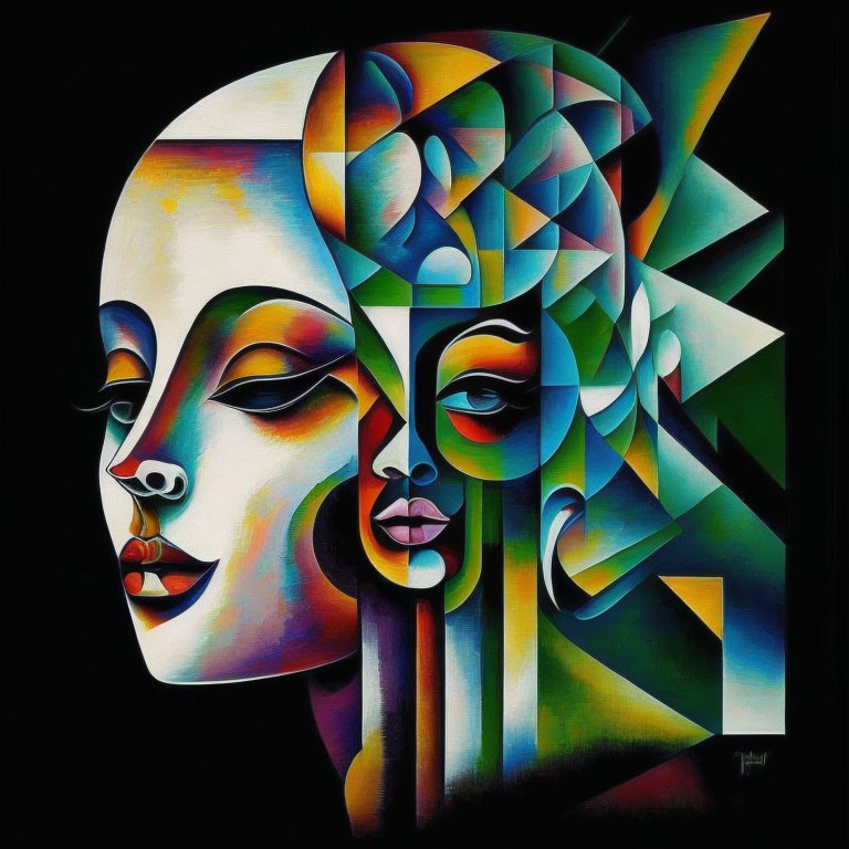 Abstract art: Stylized faces in multicolored design on black background