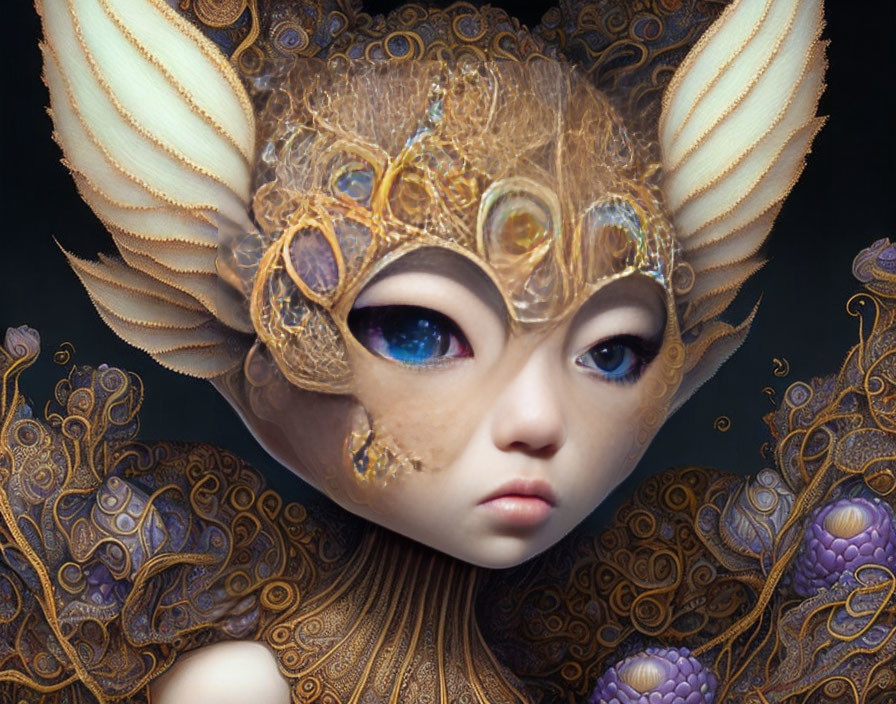 Fantastical figure with large expressive eyes and ornate golden headpiece.