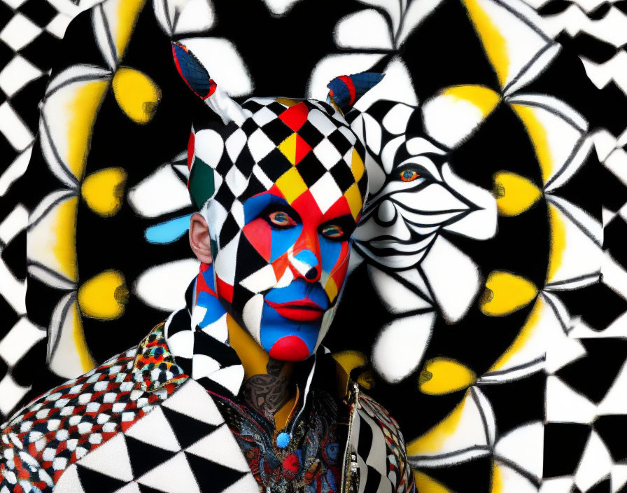 Person with Vibrant Checkered Face Paint on Black and White Tiger Background