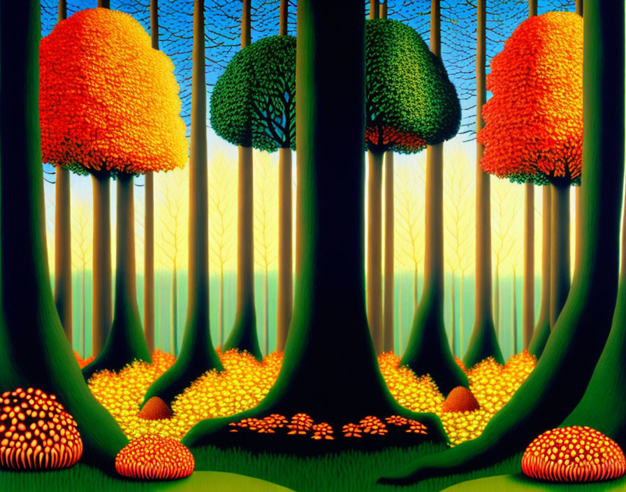 Vibrant orange and green forest with sun rays and luminescent mushrooms