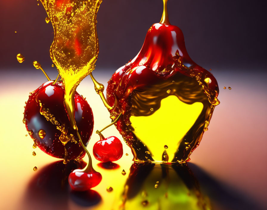 Dynamic cherries with splashing juice on reflective surface: vivid red and yellow hues against dark background