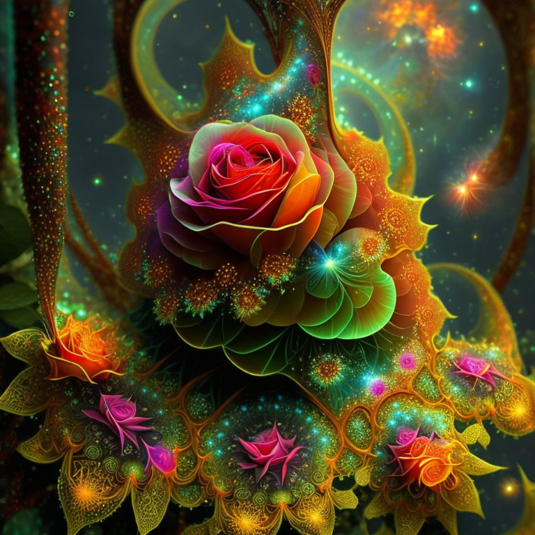 Colorful Rose with Fractal Patterns and Cosmic Orbs on Dark Background