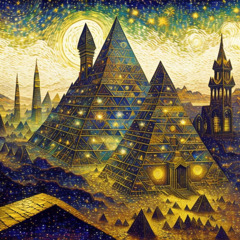 Vibrant golden pyramids in surreal starry landscape