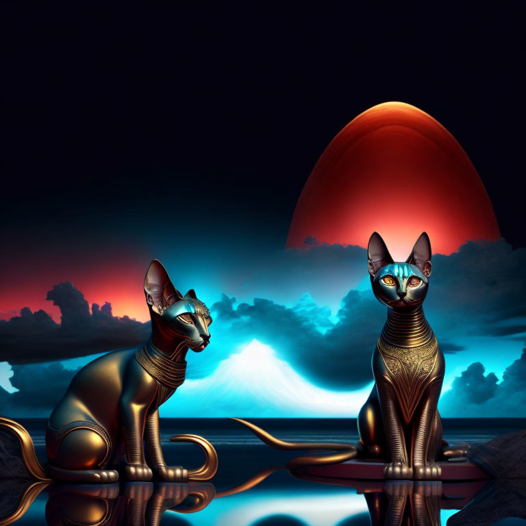 Metallic Egyptian Cat Statues by Reflective Water with Red Moon and Volcano