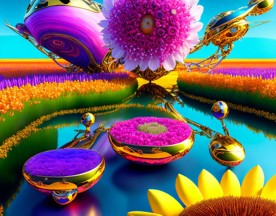 Colorful surreal landscape with floating flowers, metallic insects, sunflower, and kaleidoscopic sky