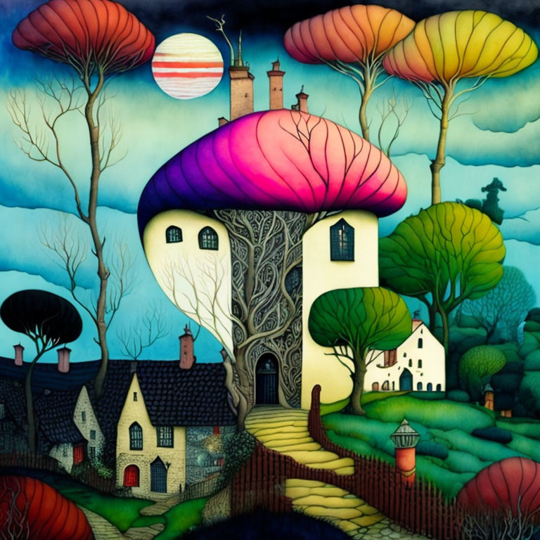 Colorful Village Painting with Tree-Shaped Houses and Mushroom Structure