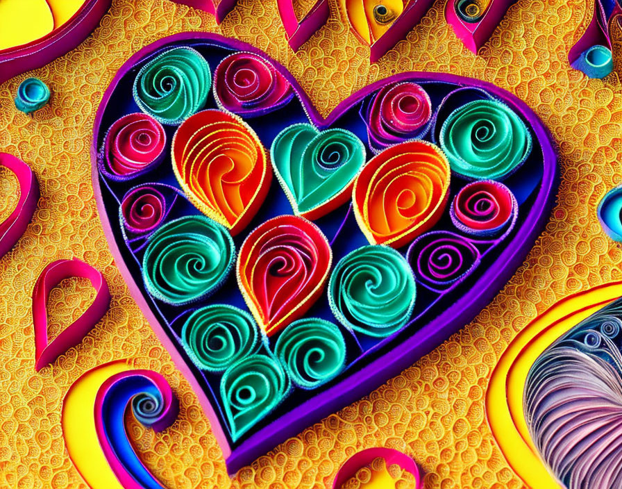 Colorful Heart-Shaped Quilling Art on Yellow Background