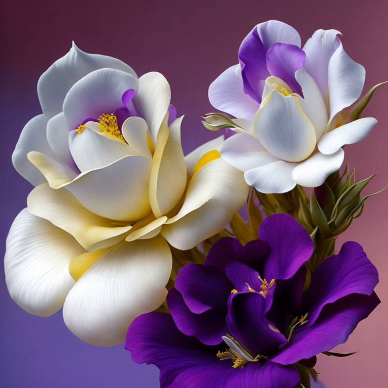 Colorful bouquet with white and purple gradient flower and rich purple blooms.