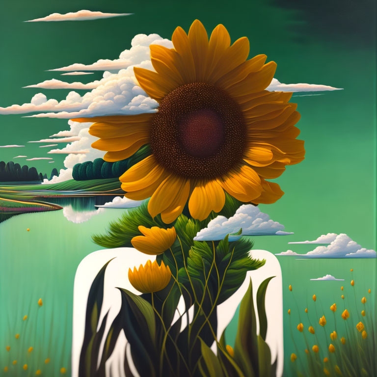 Surreal painting: large sunflower with mirrored landscape